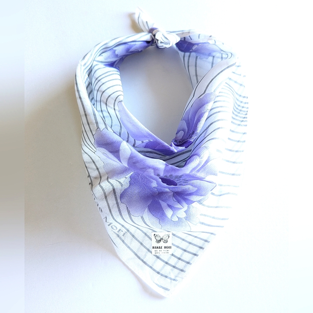 Hanae Mori Cotton 100% Purple Floral Vintage Scarf Twilly 19" Vintage  NEW
